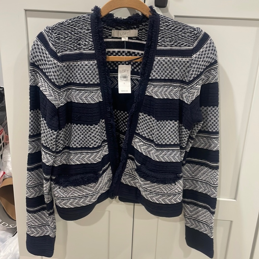 NWT Loft cotton sweater jacket, cardigan size sm, navy/white textured knit